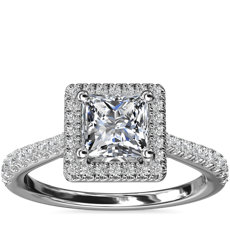 14k 白金公主方形钻石桥光环钻石订婚戒指（1/3 克拉总重量）